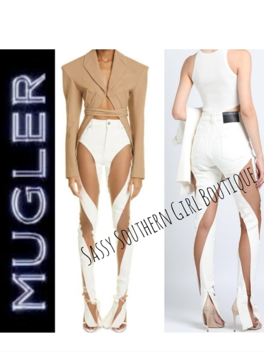 ⭐🆕MUGLER jeans ivory tan sheer panel mesh jeans